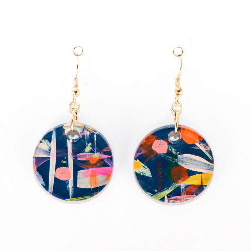 Abstract Painted Acrylic Dangle Earrings - Circle Design (Theater District Colorway)