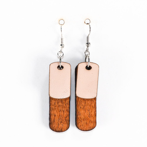 Wood & Leather Dangle Earrings - Rounded Rectangle Layers (Pale Pink / Lacewood)