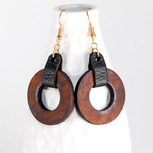 Wood & Leather Dangle Earrings - Ozone Layers (Black / Cocobolo)