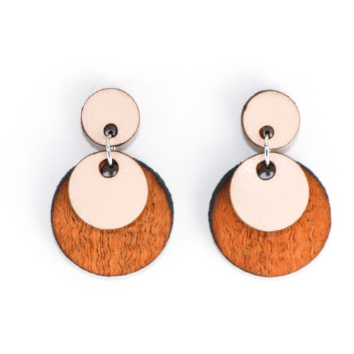 Wood & Leather Dangle Earrings - Moondrop Layers (Pale Pink / Lacewood)