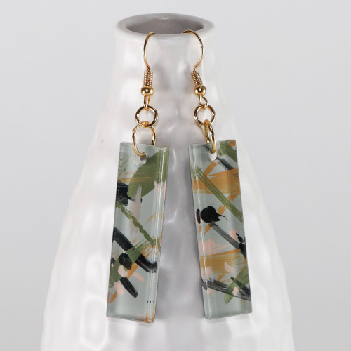 Abstract Painted Acrylic Dangle Earrings - Bar Design (Garden Sage Colorway)