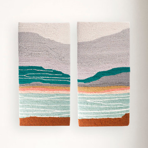 Tufted Fiber Art Landscape Diptych: Modern Mountain Lake (11"x22" each)  