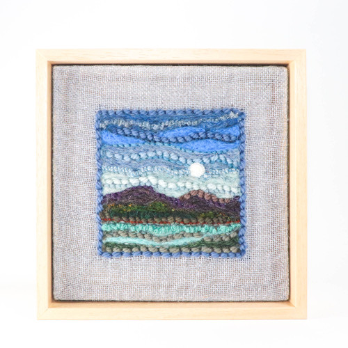 Mixed Media Fiber Art Landscape: Mountain Moon No.1 (9" x 9")  Rug Hooking, Punching, Needle Felting