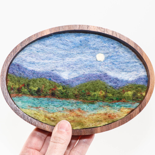 Oval Wool Landscape Painting: Needle Felted Fiber Art (Mountains Lake Moon)