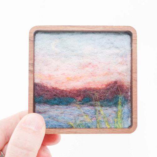 Mini Wool Landscape Painting: Needle Felted Fiber Art (Sunset Lake) 3x3