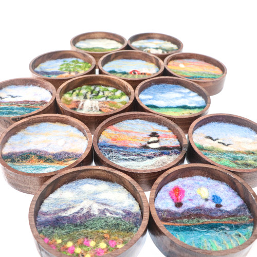 Mini Wool Landscape Painting: Needle Felted Fiber Art (Waterfall View) 3 Inch Round Frame