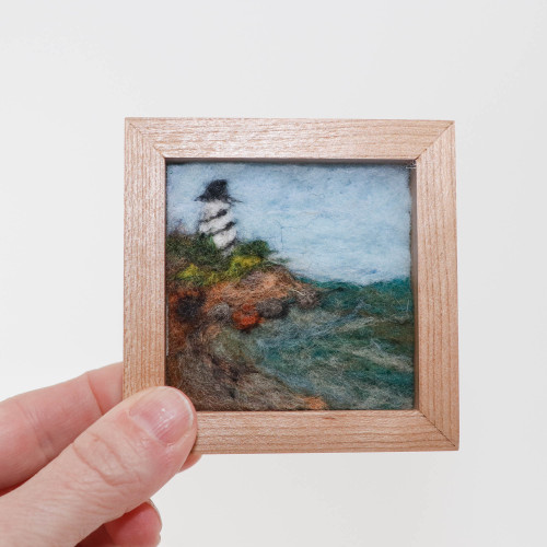 Mini Wool Landscape Painting: Needle Felted Fiber Art (Striped Lighthouse) 4 Inch Frame