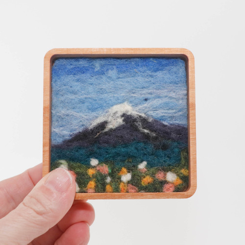 Mini Wool Landscape Painting: Needle Felted Fiber Art (Mount Hood) 3x3
