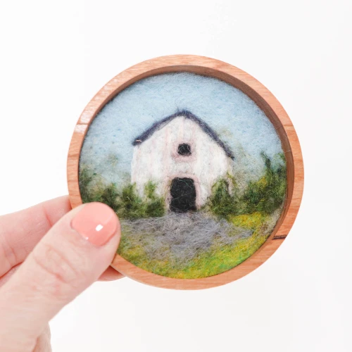 Mini Wool Landscape Painting: Needle Felted Fiber Art (White Barn) 3 Inch Round Frame