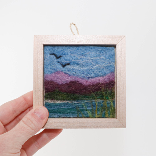 Mini Wool Landscape Painting: Needle Felted Fiber Art (Mountain Lake Birds) 3x3