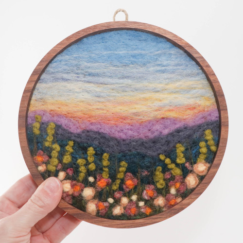 Wool Landscape Painting: Needle Felted Fiber Art - Mountain Scene with Wildflowers - 7 inch Round Frame