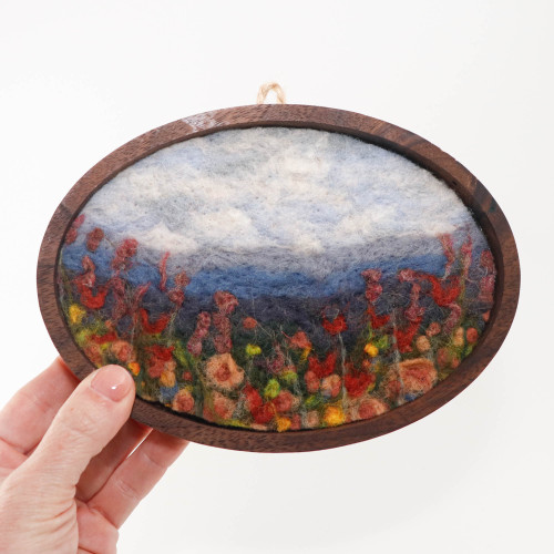 Wool Landscape Painting: Needle Felted Fiber Art - Mountain Scene with Wildflowers - 7 inch Frame