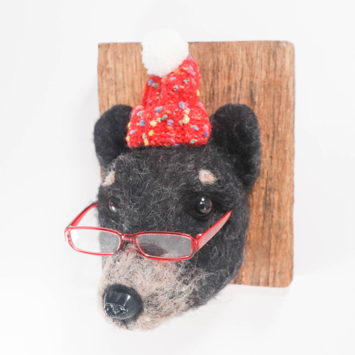 Needle Felted Black Bear Portrait (Wearing Knit Hat and Glasses)