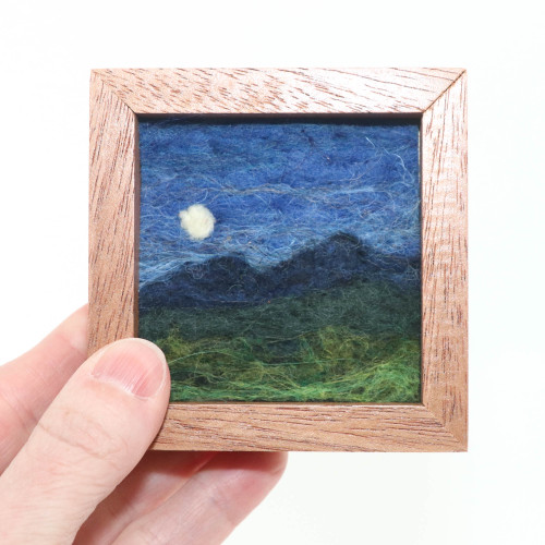 Mini Wool Landscape Painting: Needle Felted Fiber Art (Late Night Moon) 3x3