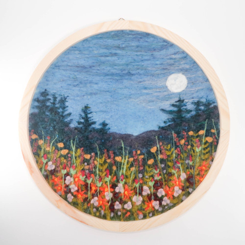 Round Wool Landscape Painting: Needle Felted Circlescape: Mountain Wildflowers (15" Diameter)