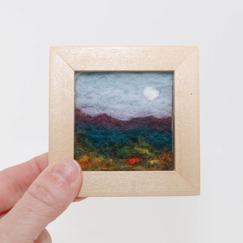 Small Wool Landscape Painting: Needle Felted Fiber Art (Morning Moon) 3x3