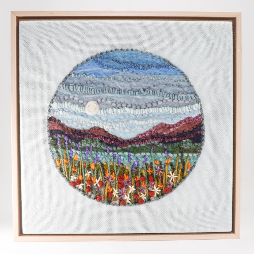 Mixed Media Fiber Art Landscape: Wildflowers at Moonrise (15" x 15") Rug Hooking, Punching, Needle Felting