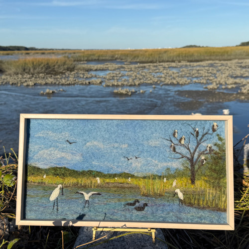 Wool Landscape Painting: Needle Felted Fiber Art (Birds of the Salt Marsh) 9x17 Wool Landscape Painting: Needle Felted Fiber Art (Birds of the Salt Marsh) 9x17