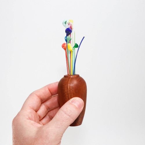Mini Turned Wood Vase with Colorful Glass Sprigs (Mahogany)