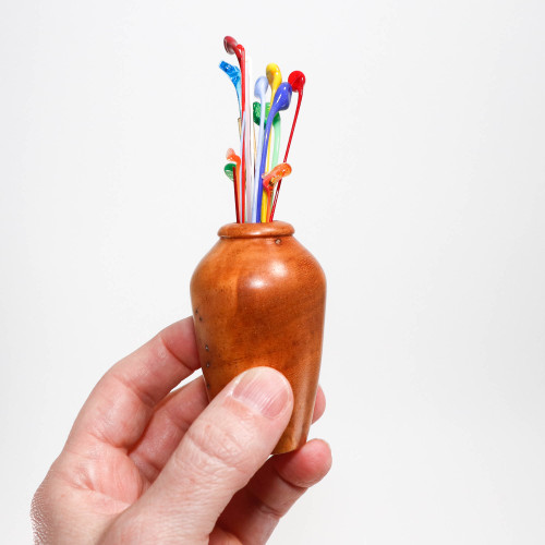 Mini Turned Wood Vase with Colorful Glass Sprigs (Elm Burl)