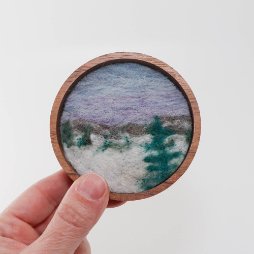 Mini Wool Landscape Painting: Needle Felted Fiber Art (Evergreens in Snow) 3x3
