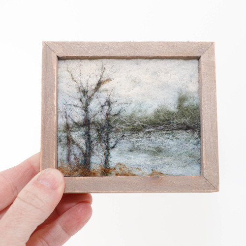 Mini Wool Landscape Painting: Needle Felted Fiber Art (Winter Lake) 3x4