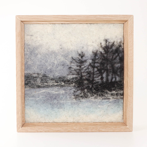Wool Landscape Painting: Needle Felted Fiber Art (Snowfall at the Lake) 7 inches