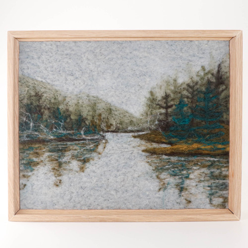 Wool Landscape Painting: Needle Felted Fiber Art (Foggy Lake) 9 x 12 inches