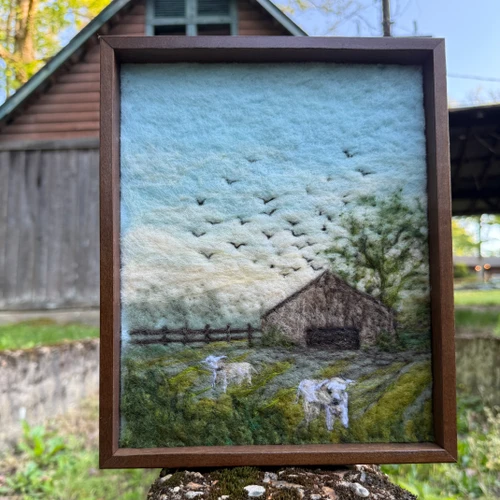 Wool Landscape Painting: Needle Felted Fiber Art, Barnscape (8x10)