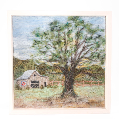 Wool Landscape Painting: Needle Felted Fiber Art, Barnscape (8x8)