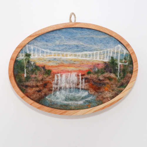 Oval Wool Landscape Painting: Needle Felted Fiber Art (Liberty Bridge at Sunset)