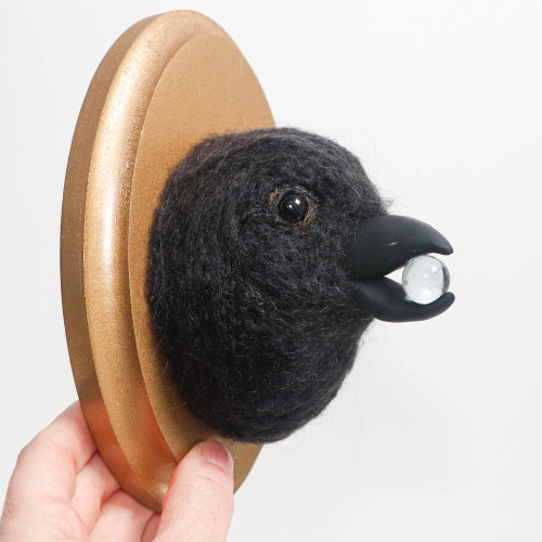 Needle Felted Crow Portrait with Stolen Glass Marble (Corvid Collection)