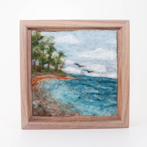 Wool Landscape Painting: Needle Felted Fiber Art (Lake View) 5 inches