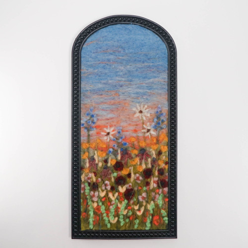 Wool Landscape Painting: Needle Felted Fiber Art - Weeds & Wildflowers at Sunset