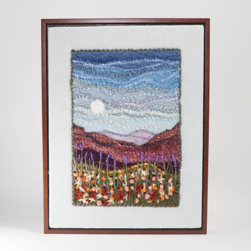 Mixed Media Fiber Art Landscape: Wildflowers at Moonrise (13" x 17") Rug Hooking, Punching, Needle Felting