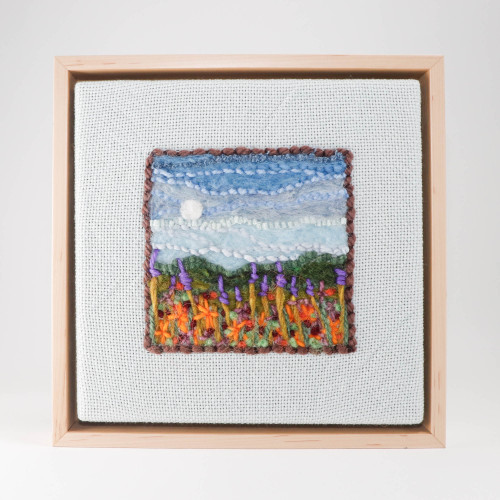 Mixed Media Fiber Art Landscape: Wildflowers at Moonrise (9" x 9") Rug Hooking, Punching, Needle Felting