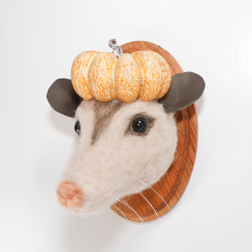 Needle Felted Opossum Portrait (Pumpkin Hat)