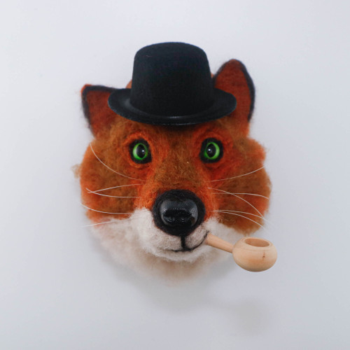 Needle Felted Red Fox Portrait (Black Hat & Wooden Pipe)