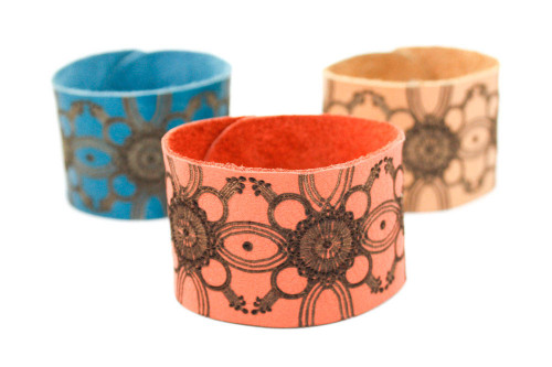 Wide Leather Cuff - Engraved Floral Design