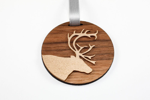 Deer Christmas Ornament: Laser Cut Wood  (Walnut & Metallic Gold)