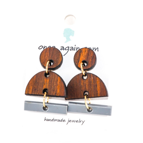 Acrylic and Wood Dangle Earrings - Hemisphere Design (Rosewood /Gray)