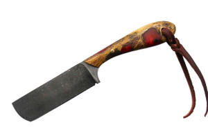Rafter P bull cutter knife with cholla and red handle.