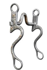 Cowpuncher 206 is a silver floral mounted cavalry shank bit. This bit has 8 1/2" shanks as well as a copper overlay under the port.