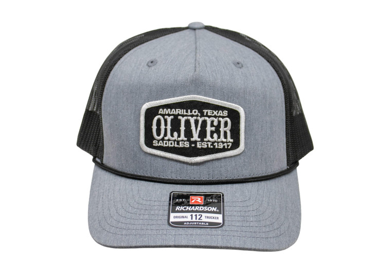 Grey 112 Oliver hat with black patch.