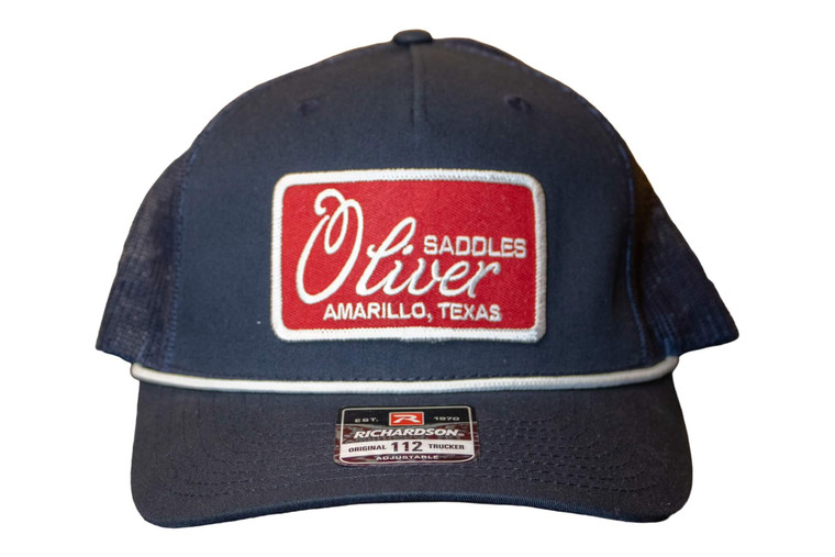 Navy Oliver 112 ball cap with red patch.