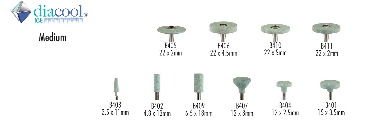 Diacool Ice - When a greater amount of ceramic material needs to be removed, a vitrified diamond infused Diacool® ICE  instrument will quickly and easily get the job done. Unique diamond particle shape and size, combined with a special binder, ensure ceramics, zirconia, lithium disilicate and feldspathic materials remain cool, thereby reducing the possibility of creating micro fractures while grinding. With only minimal pressure applied, restorative materials are quickly and safely reduced and shaped. Some techs prefer using a coarse diacool® ICE, just slightly more abrasive, yet they also remain cool and effective. The new diacool® ICE MINI instruments make getting into tight areas easy. Our large B406 wheel is an excellent choice for larger sprue connector & flash removal / reduction. After using any diacool® ICE instrument, we recommend using our Berry instruments that leave a smooth pre polish surface.
