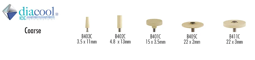 Diacool Ice - When a greater amount of ceramic material needs to be removed, a vitrified diamond infused Diacool® ICE  instrument will quickly and easily get the job done. Unique diamond particle shape and size, combined with a special binder, ensure ceramics, zirconia, lithium disilicate and feldspathic materials remain cool, thereby reducing the possibility of creating micro fractures while grinding. With only minimal pressure applied, restorative materials are quickly and safely reduced and shaped. Some techs prefer using a coarse diacool® ICE, just slightly more abrasive, yet they also remain cool and effective. The new diacool® ICE MINI instruments make getting into tight areas easy. Our large B406 wheel is an excellent choice for larger sprue connector & flash removal / reduction. After using any diacool® ICE instrument, we recommend using our Berry instruments that leave a smooth pre polish surface.