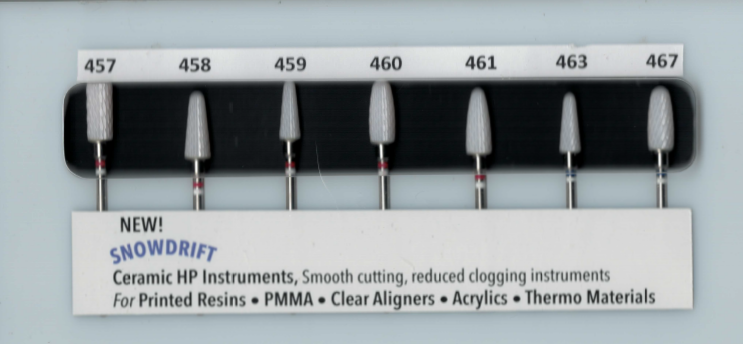 Snowdrift Ceramic Carbide HP Instruments - Smooth Cutting, reduced clogging instrument for printed resins.  PMMA - Clear Aligners - Acrylics - Thermal Materials