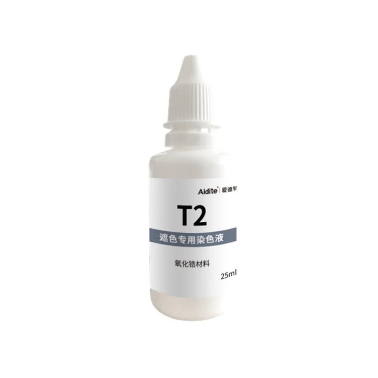 Aidite staining liquids are used with zirconia to either enhance or decrease translucency.  Opaque Liquid (T2) decreases translucency. It is used to block-out e.g. dark tooth stumps, abutments, metal posts, etc.  Available in 3 strengths. Low, Medium, and High opacity effect. 