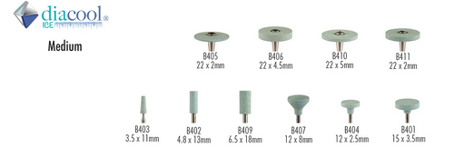Diacool Ice - When a greater amount of ceramic material needs to be removed, a vitrified diamond infused Diacool® ICE  instrument will quickly and easily get the job done. Unique diamond particle shape and size, combined with a special binder, ensure ceramics, zirconia, lithium disilicate and feldspathic materials remain cool, thereby reducing the possibility of creating micro fractures while grinding. With only minimal pressure applied, restorative materials are quickly and safely reduced and shaped. Some techs prefer using a coarse diacool® ICE, just slightly more abrasive, yet they also remain cool and effective. The new diacool® ICE MINI instruments make getting into tight areas easy. Our large B406 wheel is an excellent choice for larger sprue connector & flash removal / reduction. After using any diacool® ICE instrument, we recommend using our Berry instruments that leave a smooth pre polish surface.